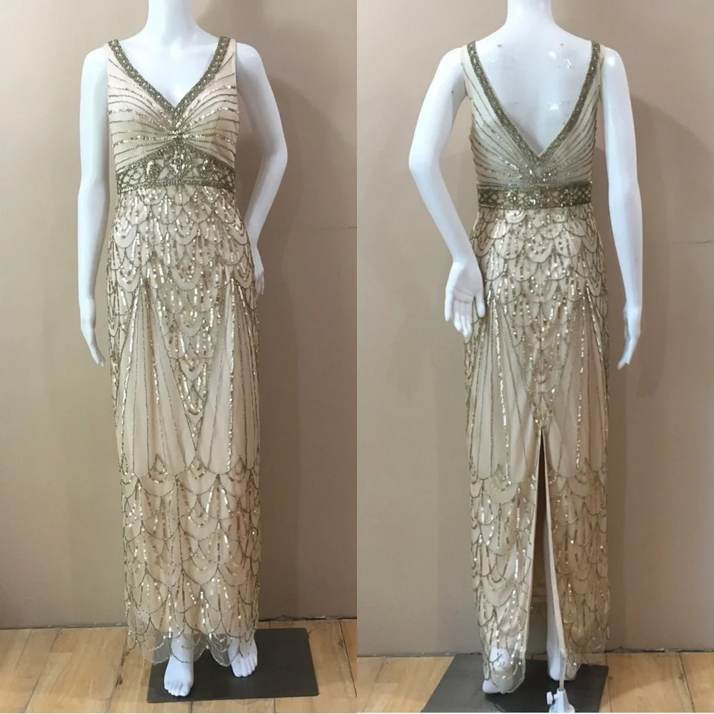 Sue Wong Nocturne BHLDN beaded embroidered champagne Maxi Dress woman’s size 2 - Picture 2 of 9